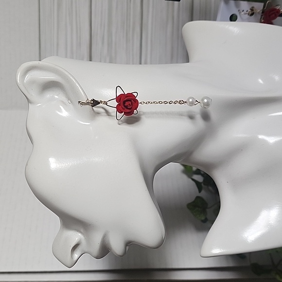 Gold with Velvet Red Rose Flower and Pearls Danglr Drop Earrings - Picture 8 of 9